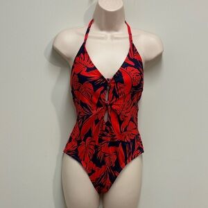 Sea Angel 1 Piece Halter Swimsuit Tropical Kelly Island Print Red Navy NWT SZ L